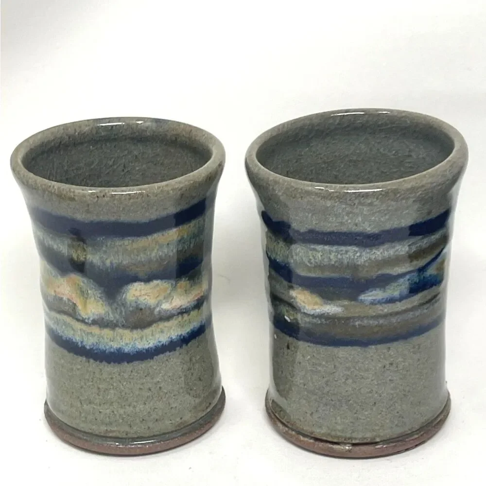 Pottery Air Plant/Vase/Mug Cup Ceramic Clay Handmade Blue Grey Set of 2 Signed.